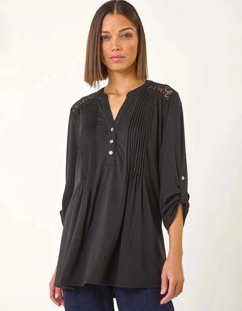 Lace Trim Buttoned Shirt - Black