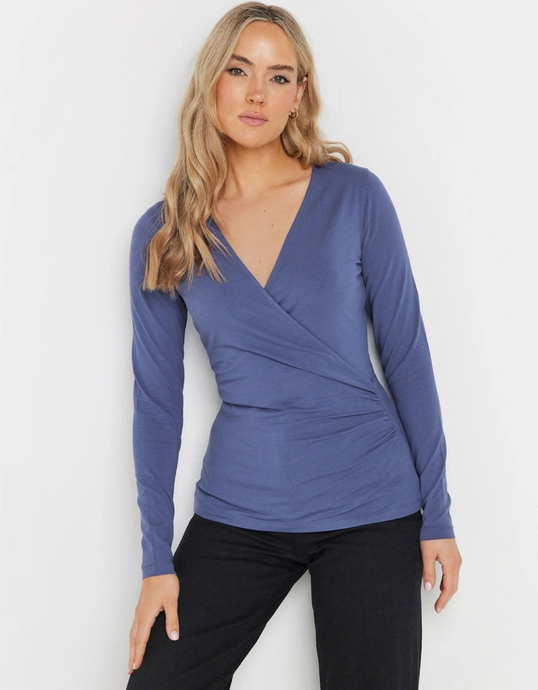 Sleeve Cotton Wrap Top - Blue