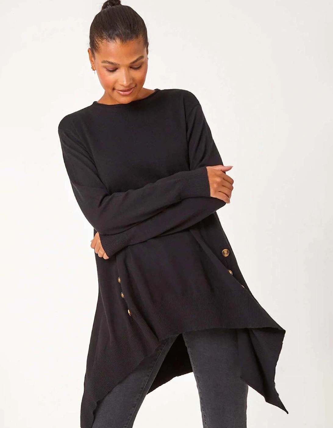 Buttoned Side Hanky Hem Jumper - Black, 2 of 1