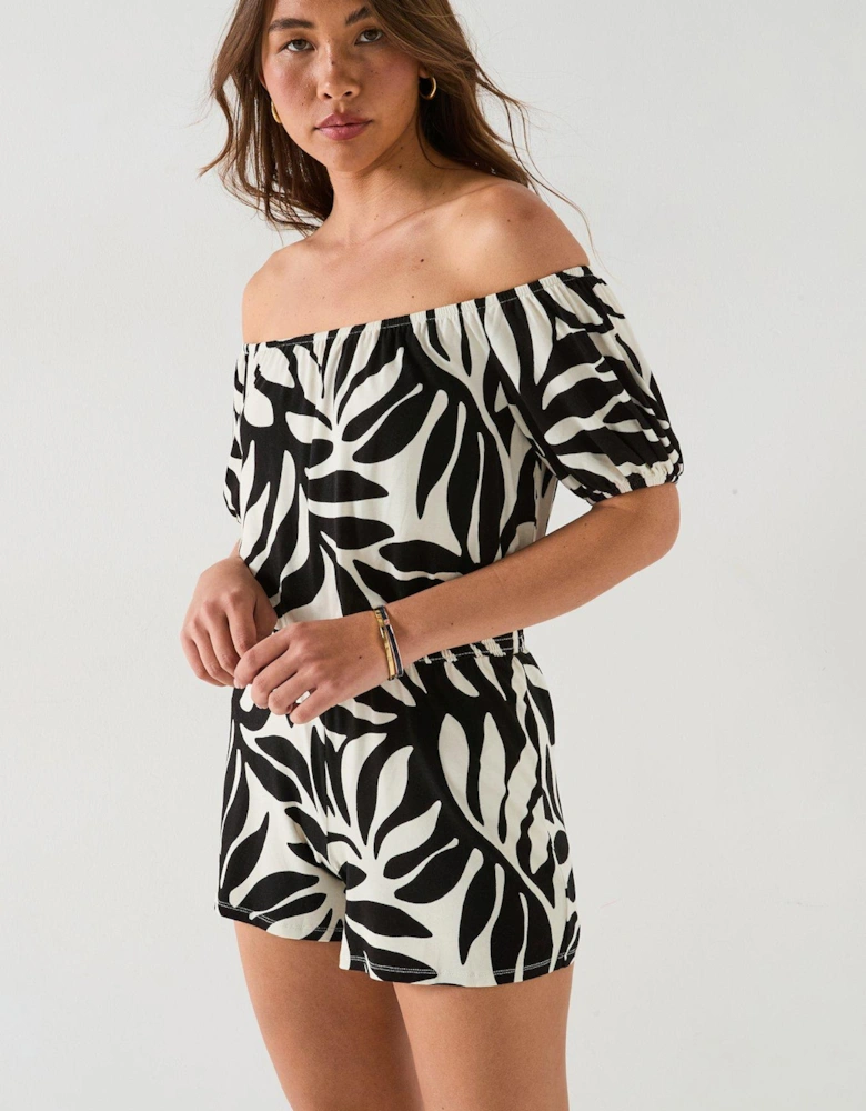 Bardot Playsuit - Mono Palm Print