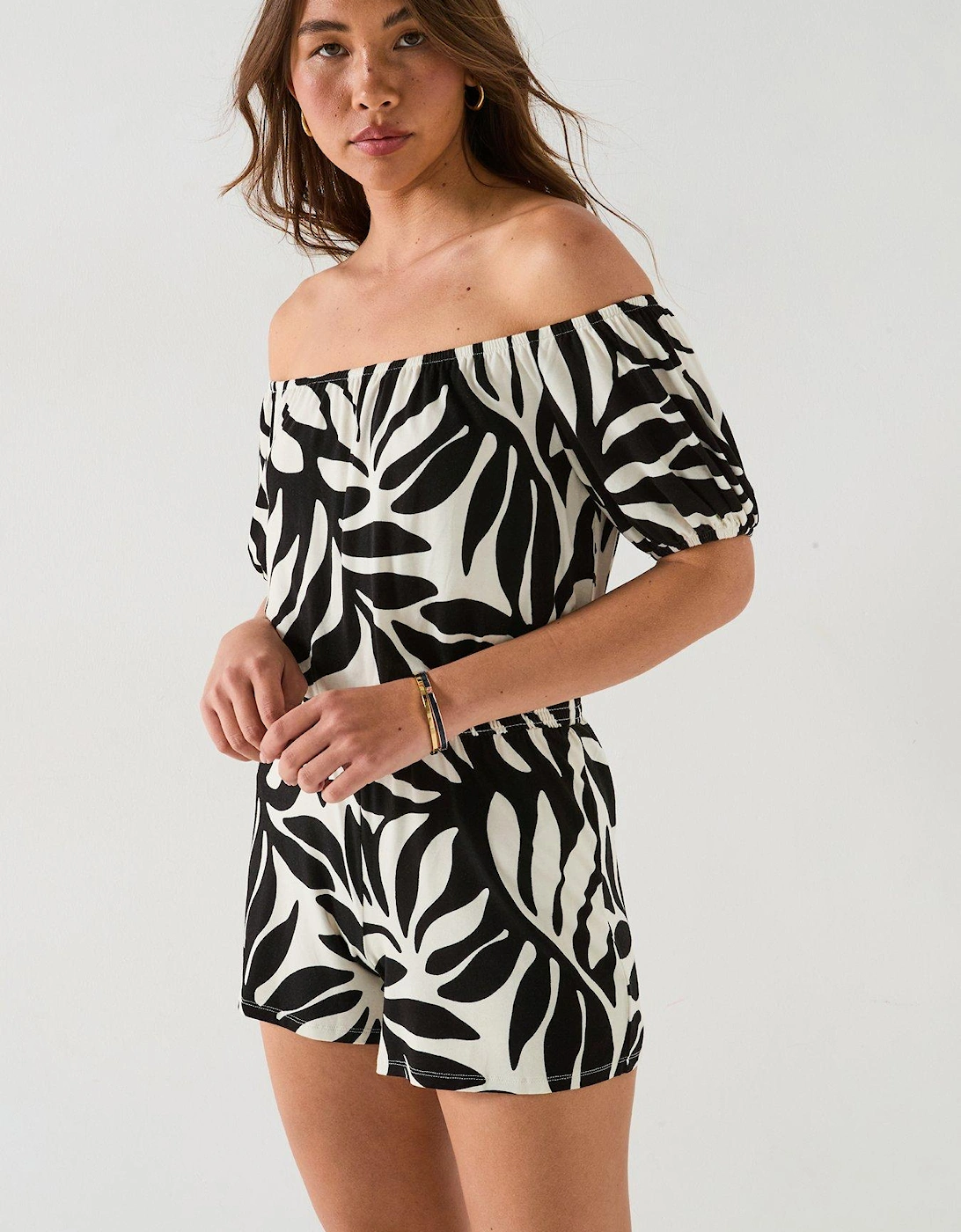 Bardot Playsuit - Mono Palm Print, 2 of 1