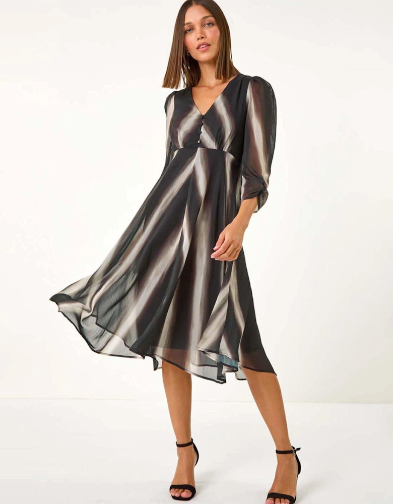 Stripe Print V-neck Hanky Hem Midi Dress - Black