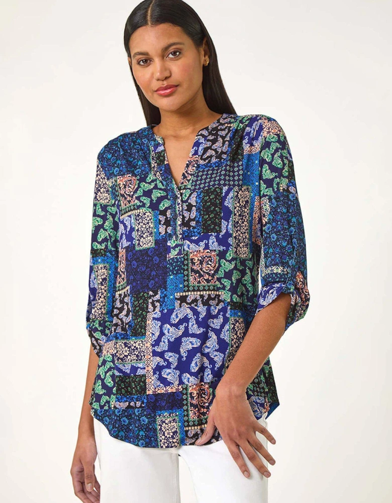 Paisley Contrast Print Stretch Top - Navy