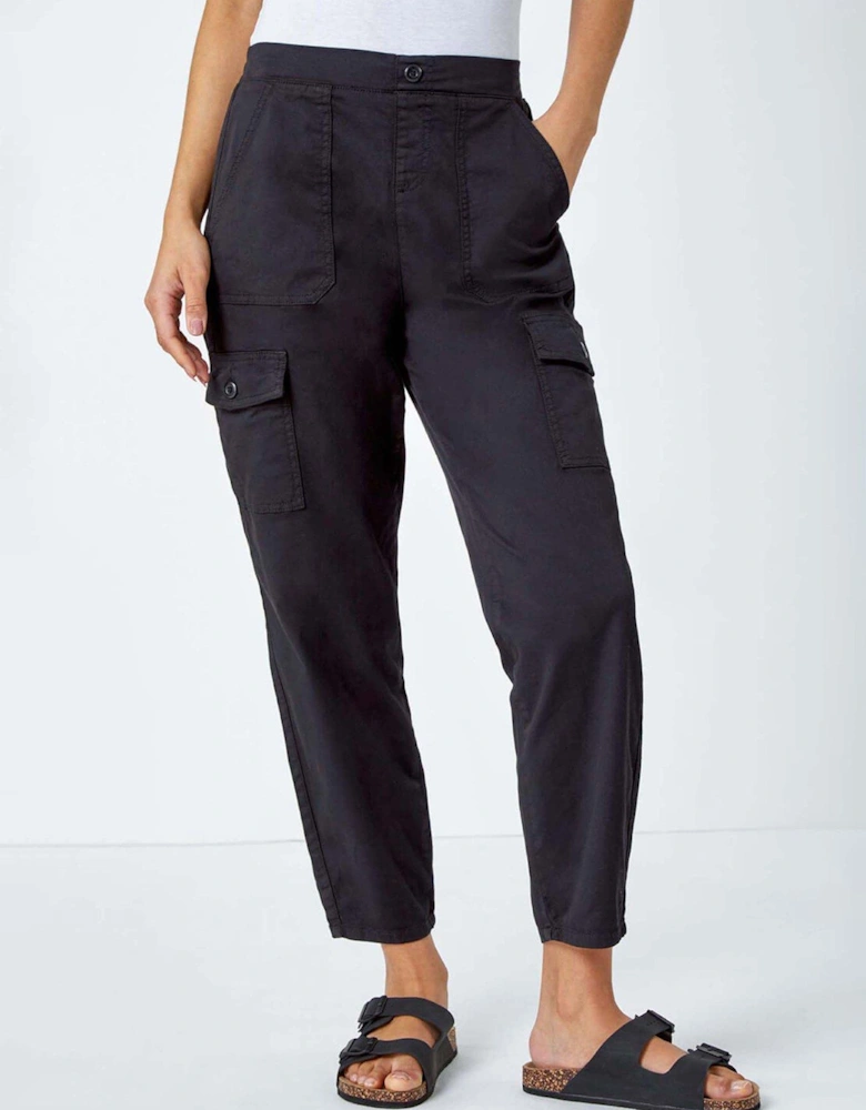 Casual Elastic Waist Cargo Stretch Trousers - Black