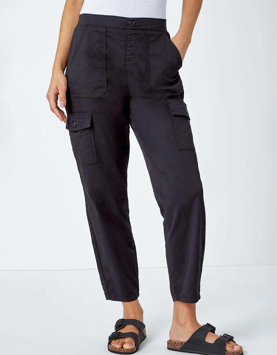 Casual Elastic Waist Cargo Stretch Trousers - Black, 2 of 1