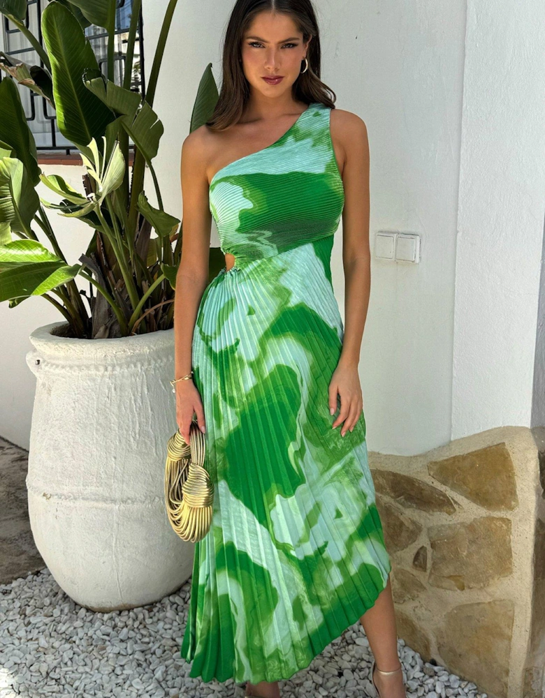 Tie Dye Print One Shoulder Cut Out Pleated Midi Dress - Green