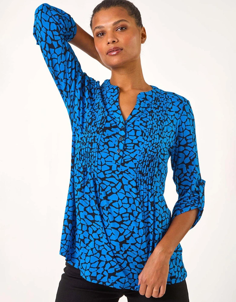 Abstract Print Pintuck Pleat Shirt - Blue