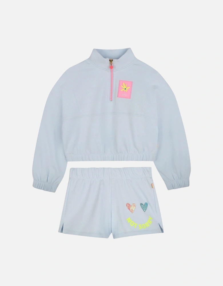 Girls Pale Blue Zip Up Jumper Short Set