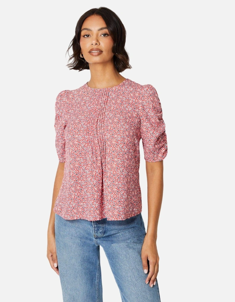 Womens/Ladies Ditsy Print Ruched Front Puff Sleeve Blouse