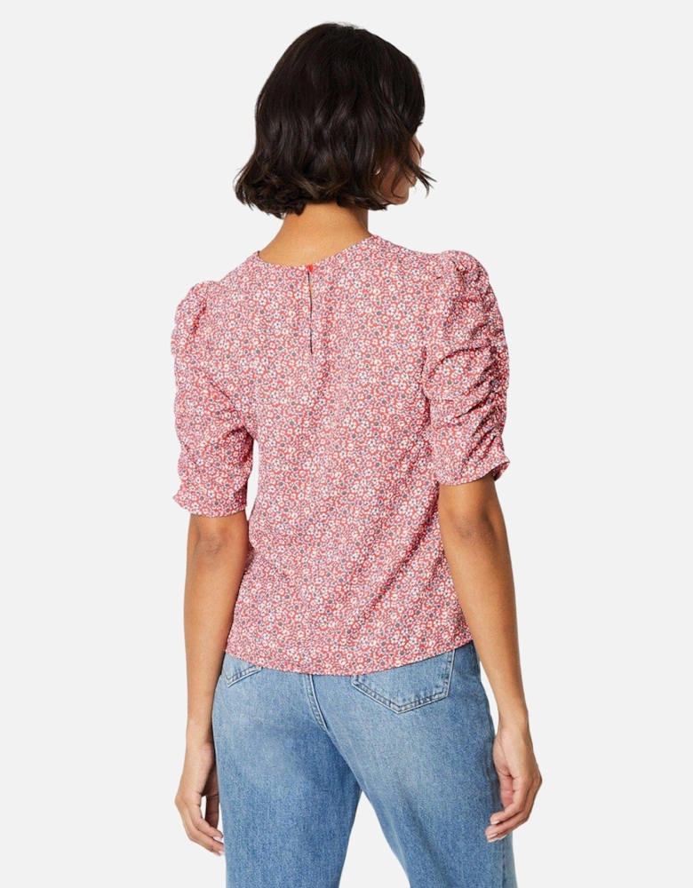 Womens/Ladies Ditsy Print Ruched Front Puff Sleeve Blouse