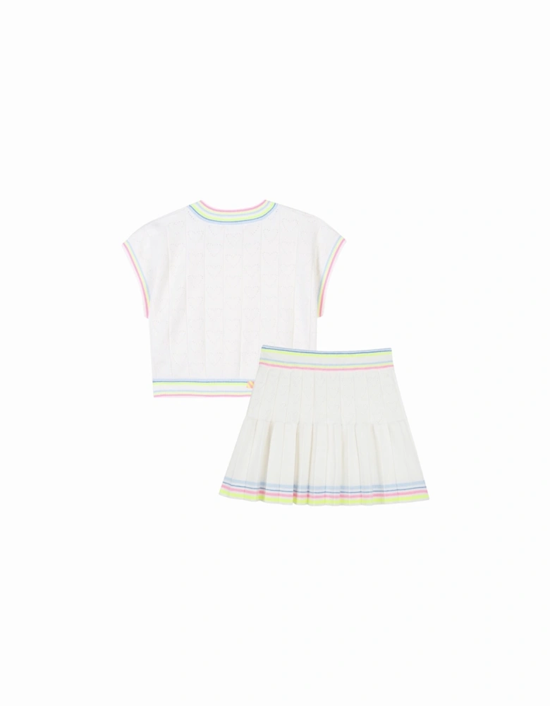 Girls White Pointelle Multi Trim Knit Skirt Set