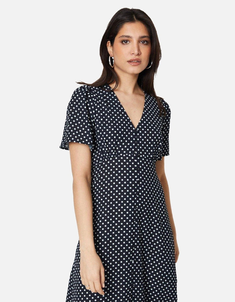 Womens/Ladies Spotted Button Through Flutter Midi Dress