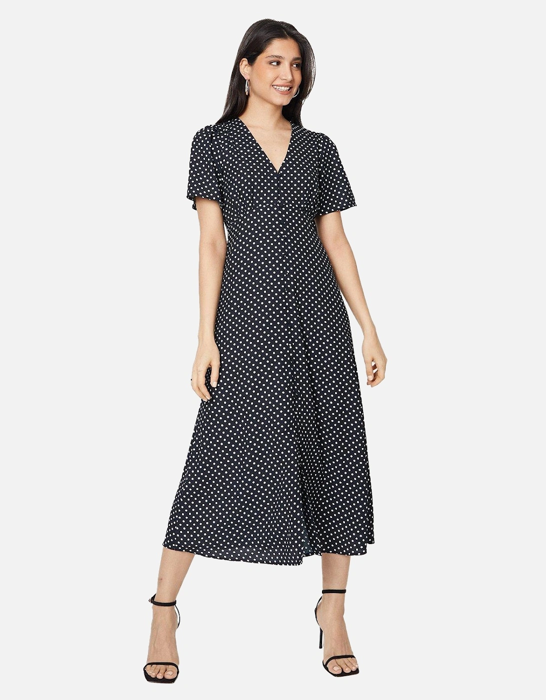 Women's Dorothy Perkins Womens/Ladies Spotted Button Through Flutter Midi Dress - Black - Size: 14