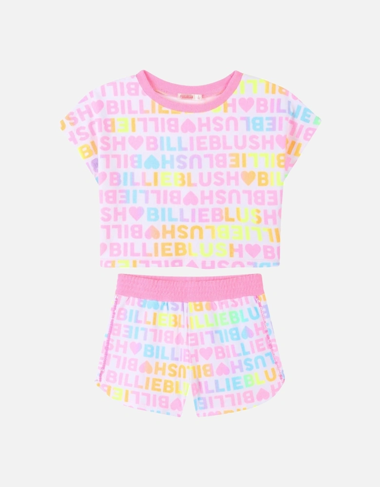 Girls Pink Multi Towelling Logo Short Set