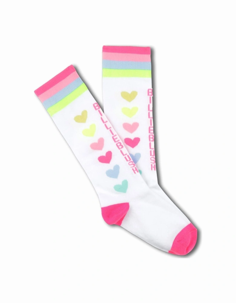 Girls White Multi Heart Knee Socks