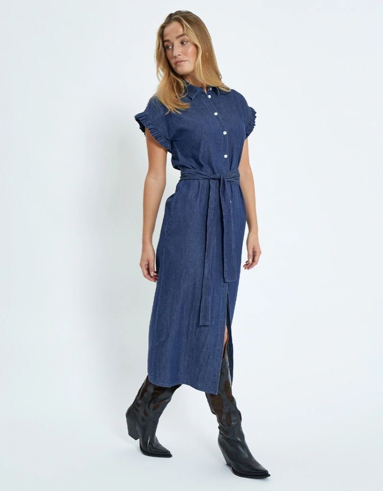 Women's Darlene Frill Midi Dress Mid Blue Denim