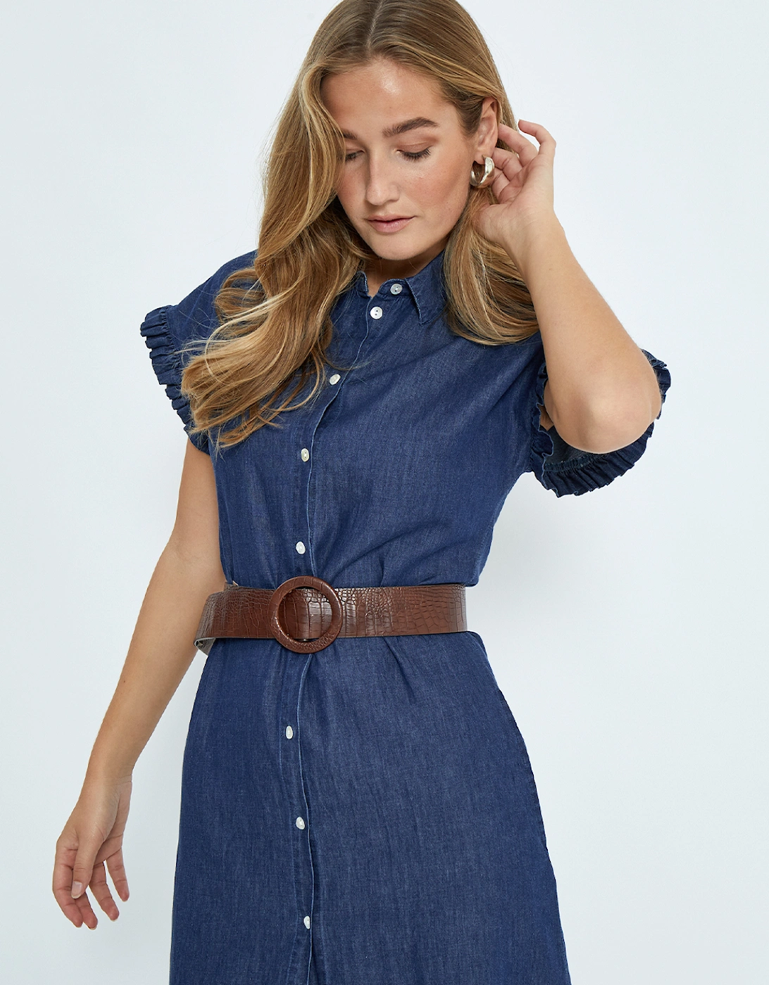 Women's Darlene Frill Midi Dress Mid Blue Denim