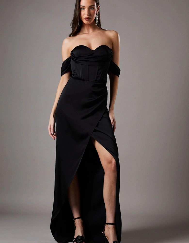 Draped Bardot Corset Satin Black Maxi Dress