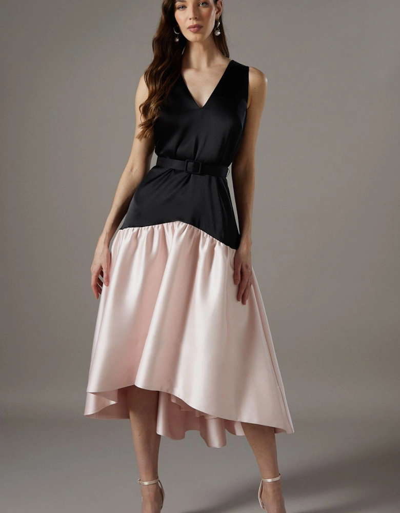 Drop Waist Satin Crepe Belted Midi Dress