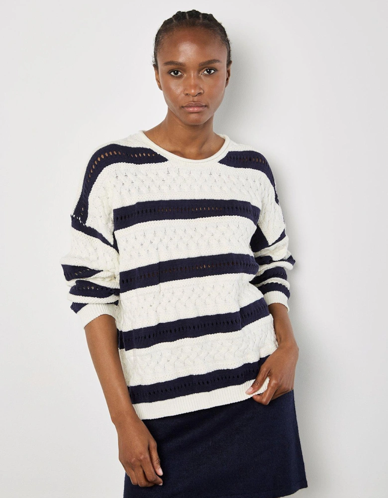 Plait & Pointelle Stripe Jumper - White