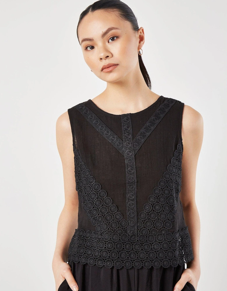 Lace Hem Back Bow Cotton Top - Black