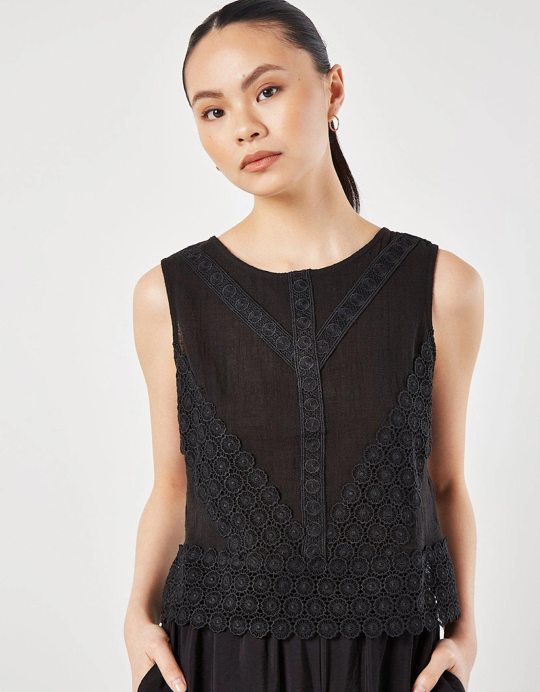 Lace Hem Back Bow Cotton Top - Black, 2 of 1