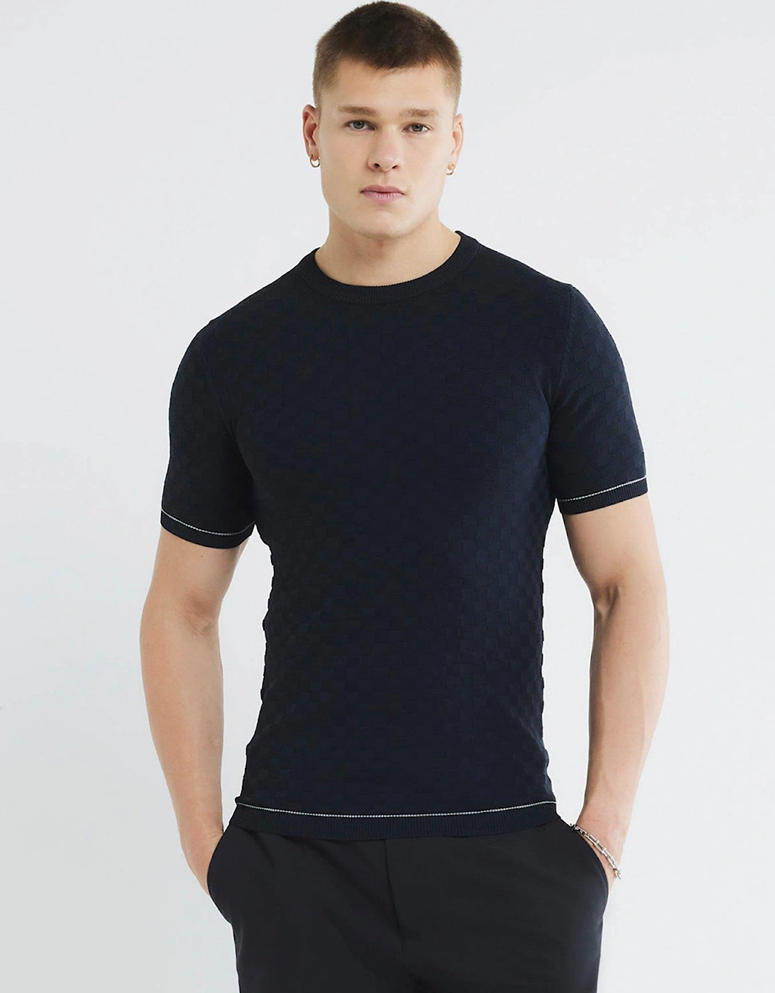 Short Sleeve Checkerboard Muscle Fit Knitted T-Shirt - Navy, 6 of 5