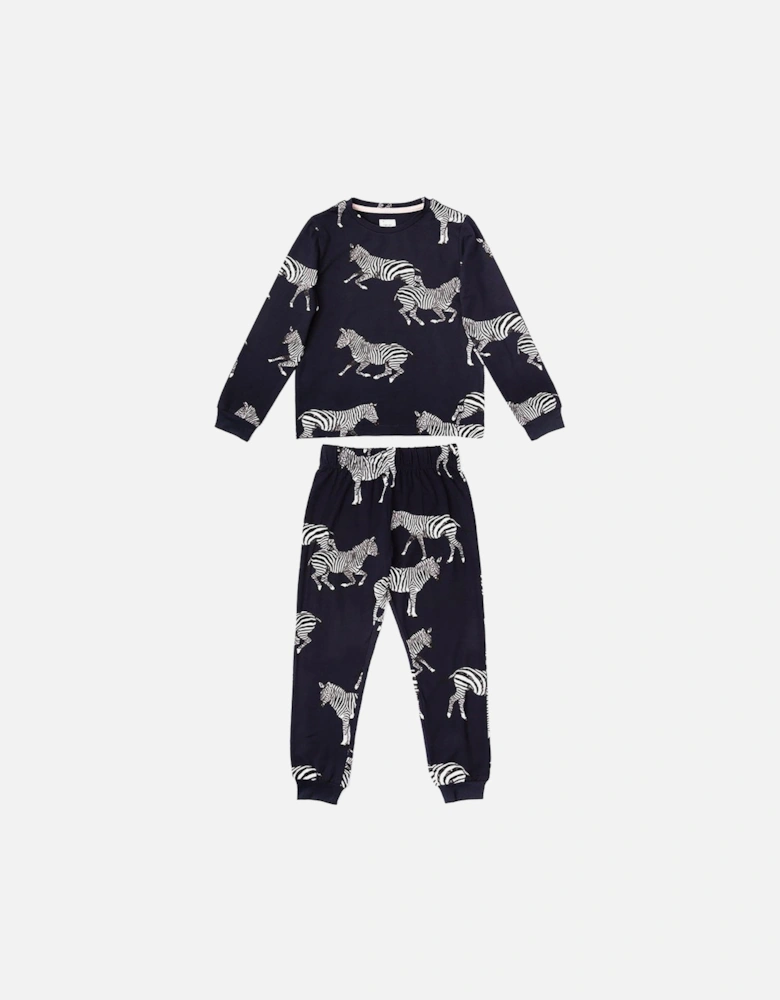 Kids Unisex Zebra Print Long Pyjama Set - Navy