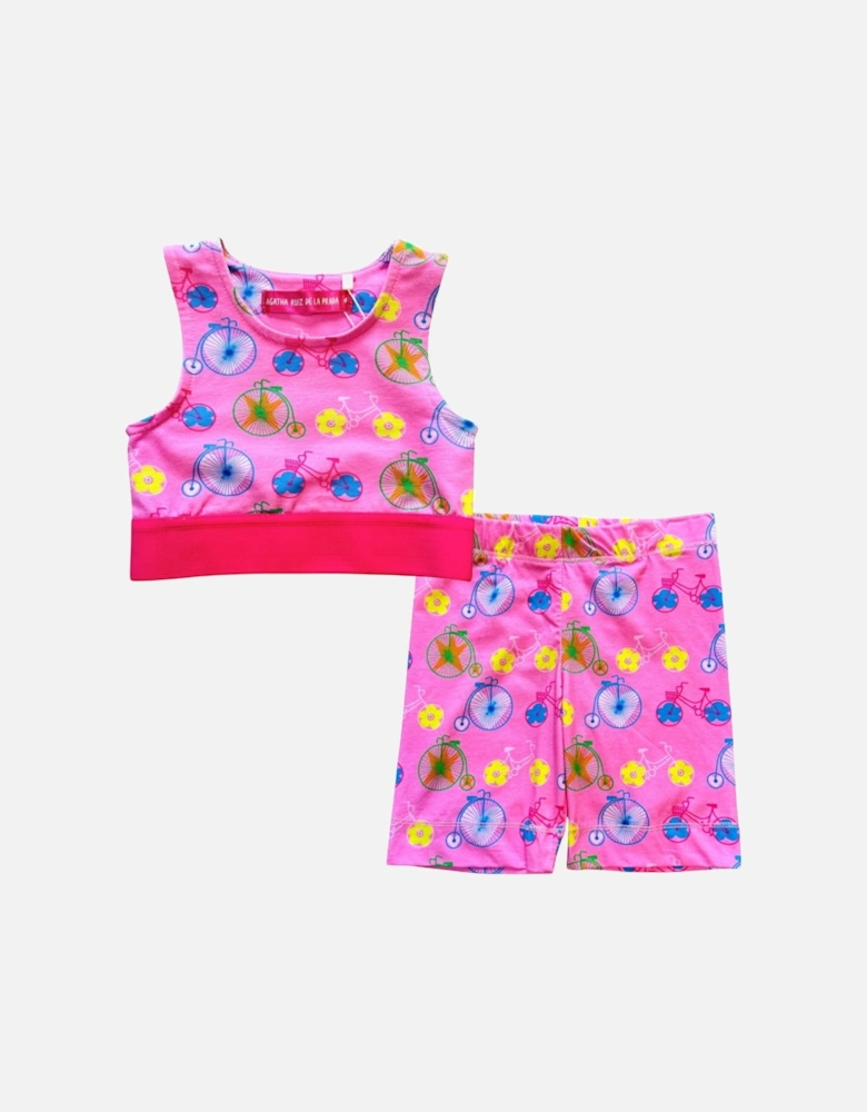 Girls Pink Crop Top and Cycle Short Set