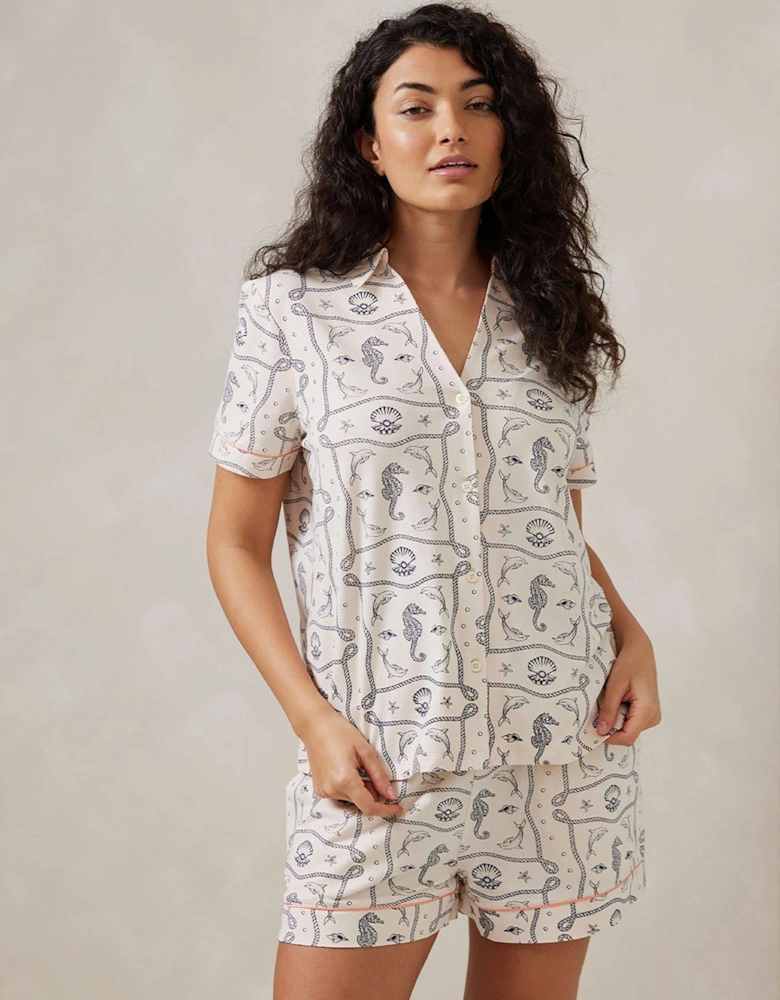 V Neck Button Up Short Pyjama Set - Sea Horse Scarf Print