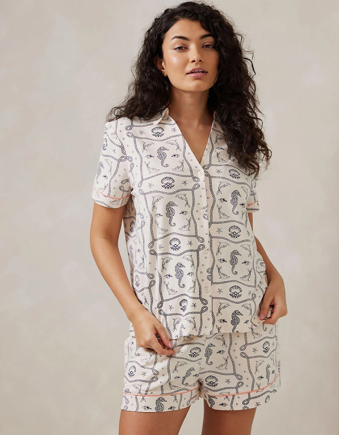 V Neck Button Up Short Pyjama Set - Sea Horse Scarf Print, 2 of 1