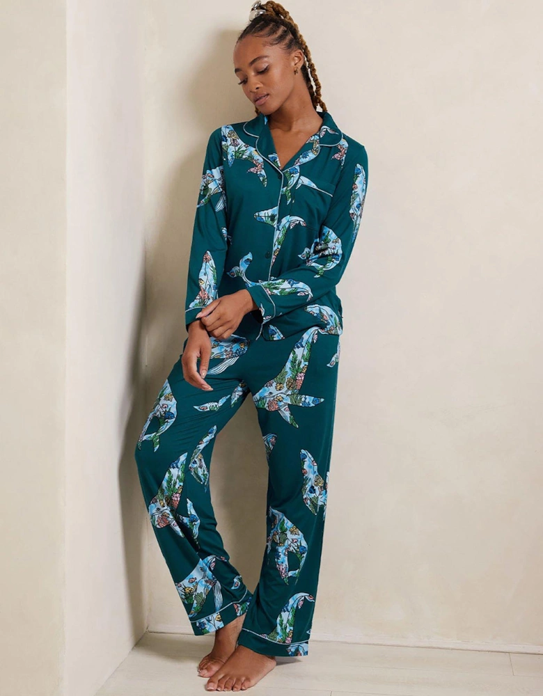 Long Button Up Pyjama Set - Whale Coral Reef Print