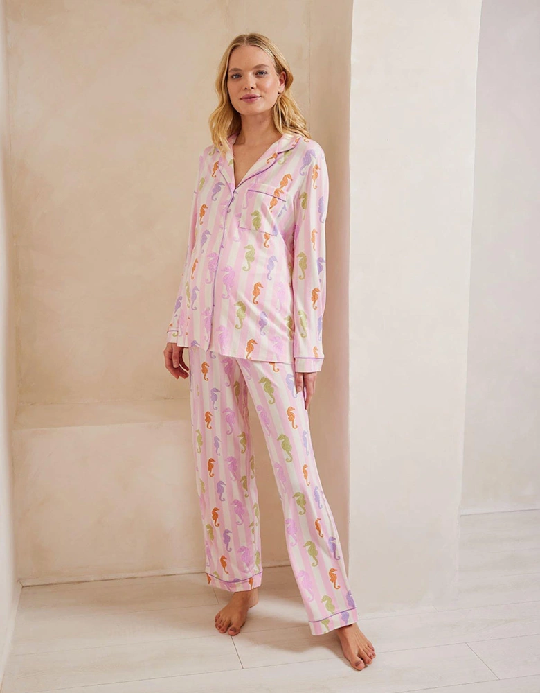 Seahorse Print Stripe Maternity Pyjama Set - Pink