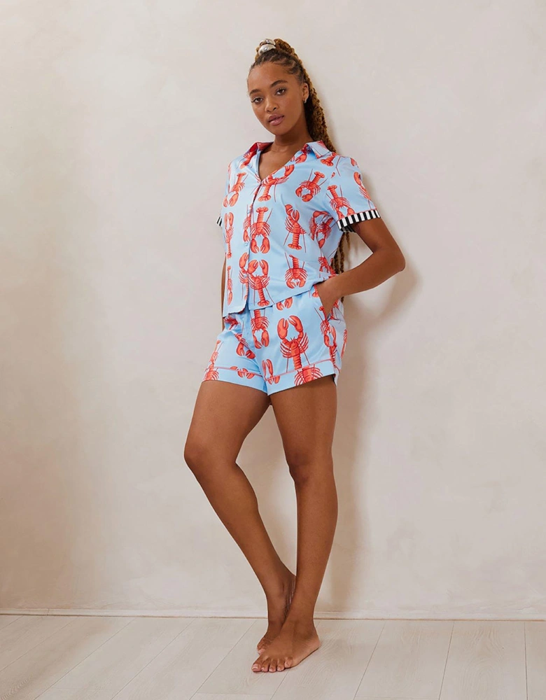 Lobster Printed V Neck Short Pyjama Set In Satin - Blue