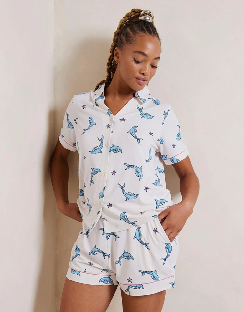 Dolphin Print Button Up Short Pyjama Set Dolphin Print - White/Blue