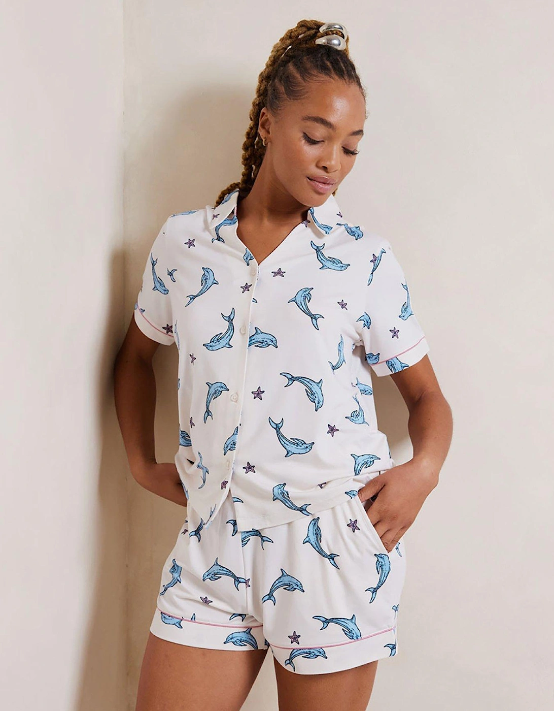 Dolphin Print Button Up Short Pyjama Set Dolphin Print - White/Blue, 2 of 1