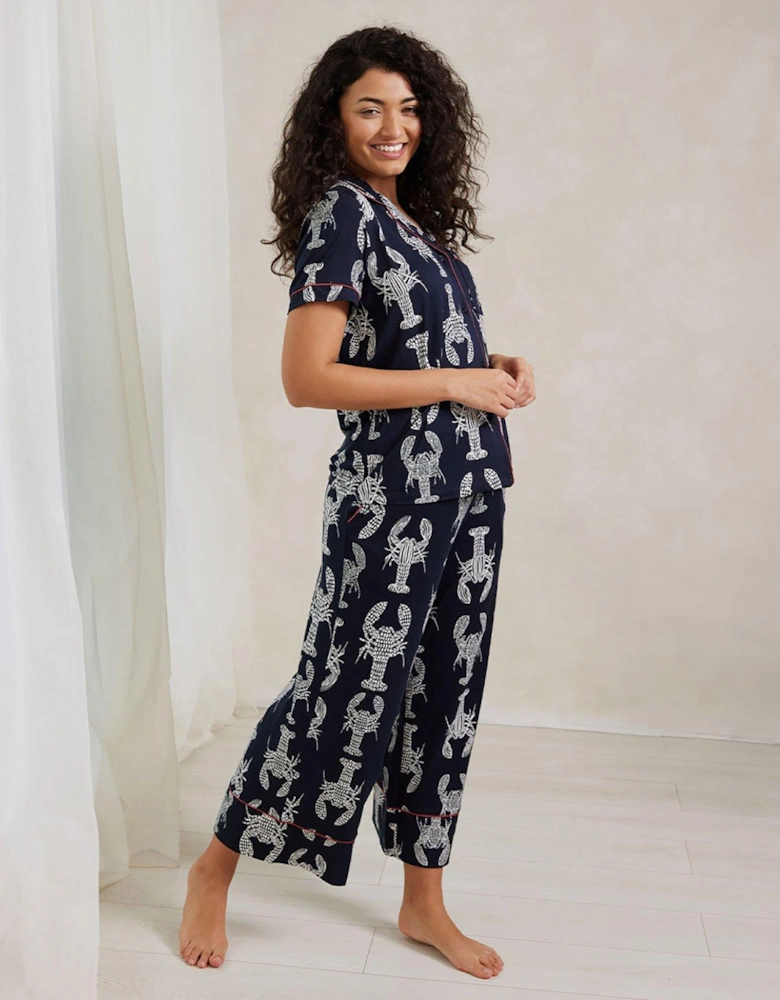 Sketch Lobster Print Cropped Pyjama Set - Navy