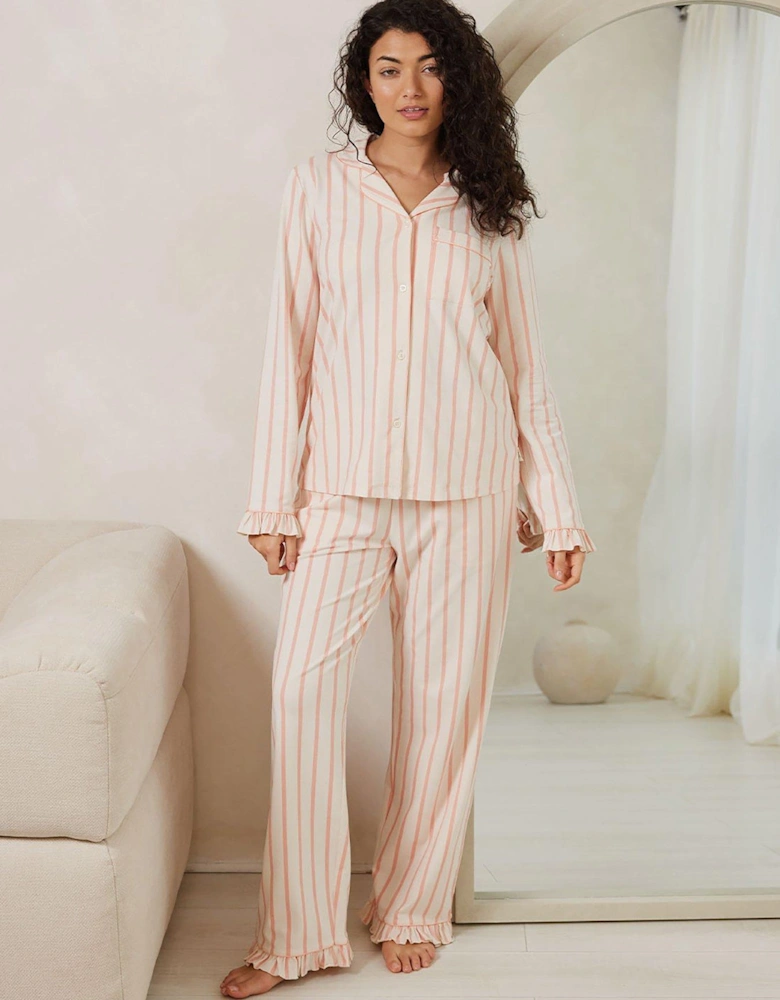 Long Button Up Pyjama Set In Jersey Cotton - Pink Stripe