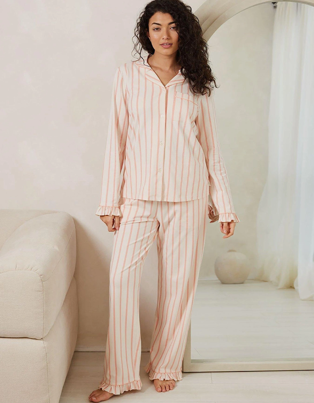 Long Button Up Pyjama Set In Jersey Cotton - Pink Stripe, 2 of 1