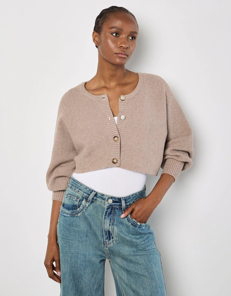 Ribbed Batwing Cropped Cardigan - Brown