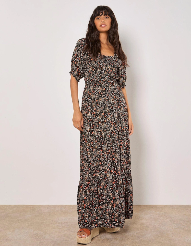 Floral Paisley Tiered Maxi Dress - Black