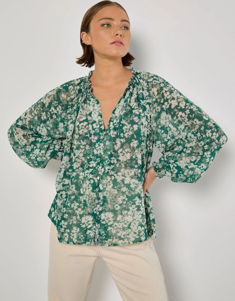 Floral Raglan Volume Blouse - Green