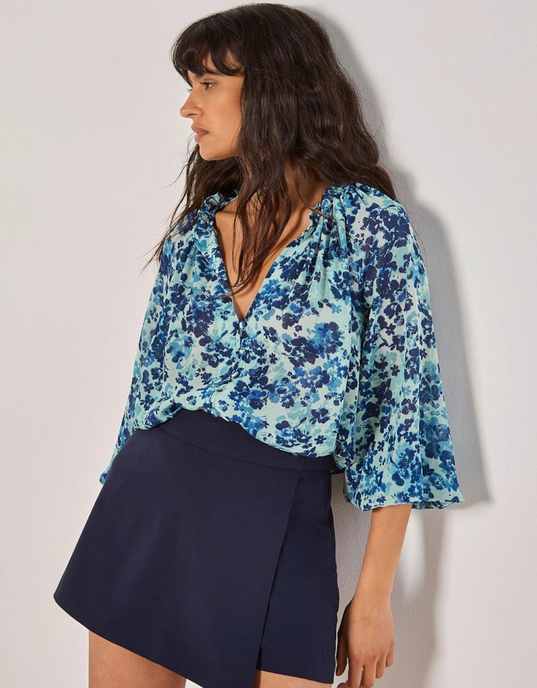 Floral Raglan Volume Blouse - Aqua