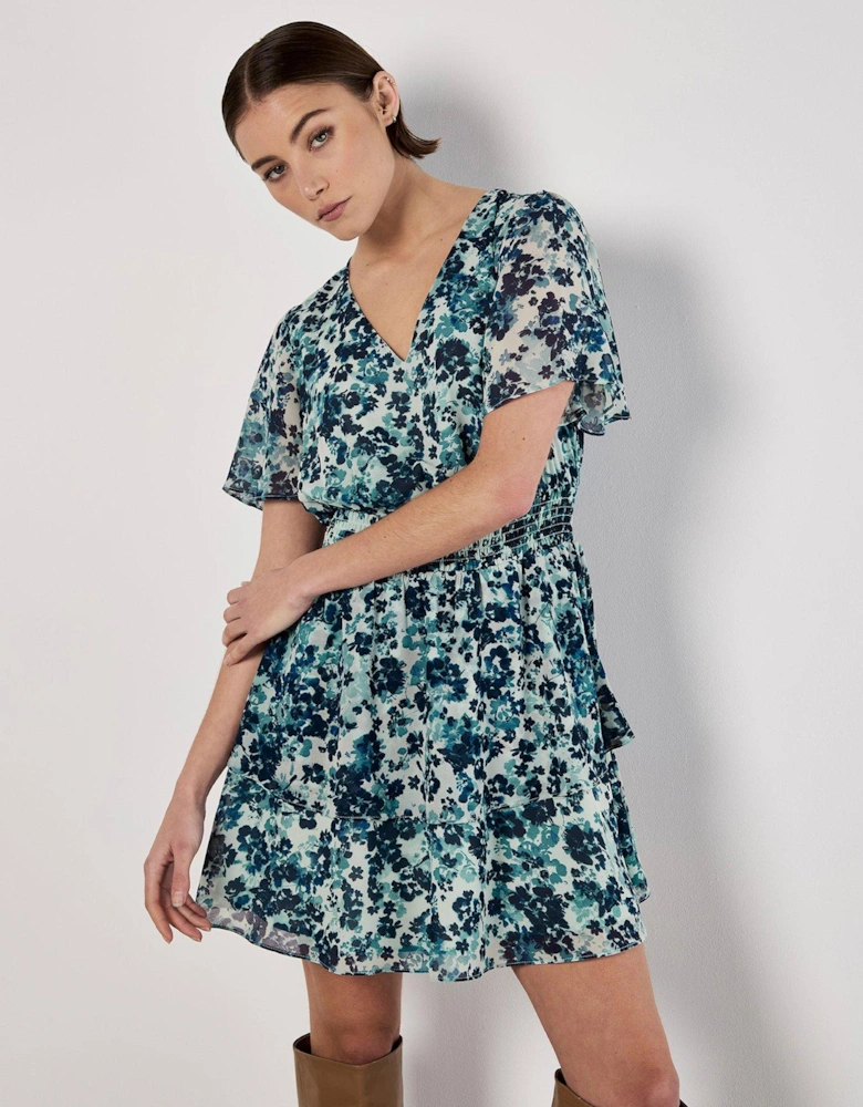 Blurred Floral Angel Sleeve Dress - Blue