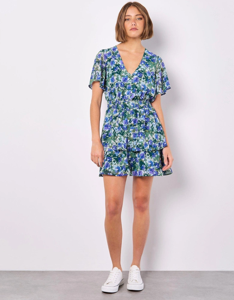 Watercolour Floral Layered Dress - Green