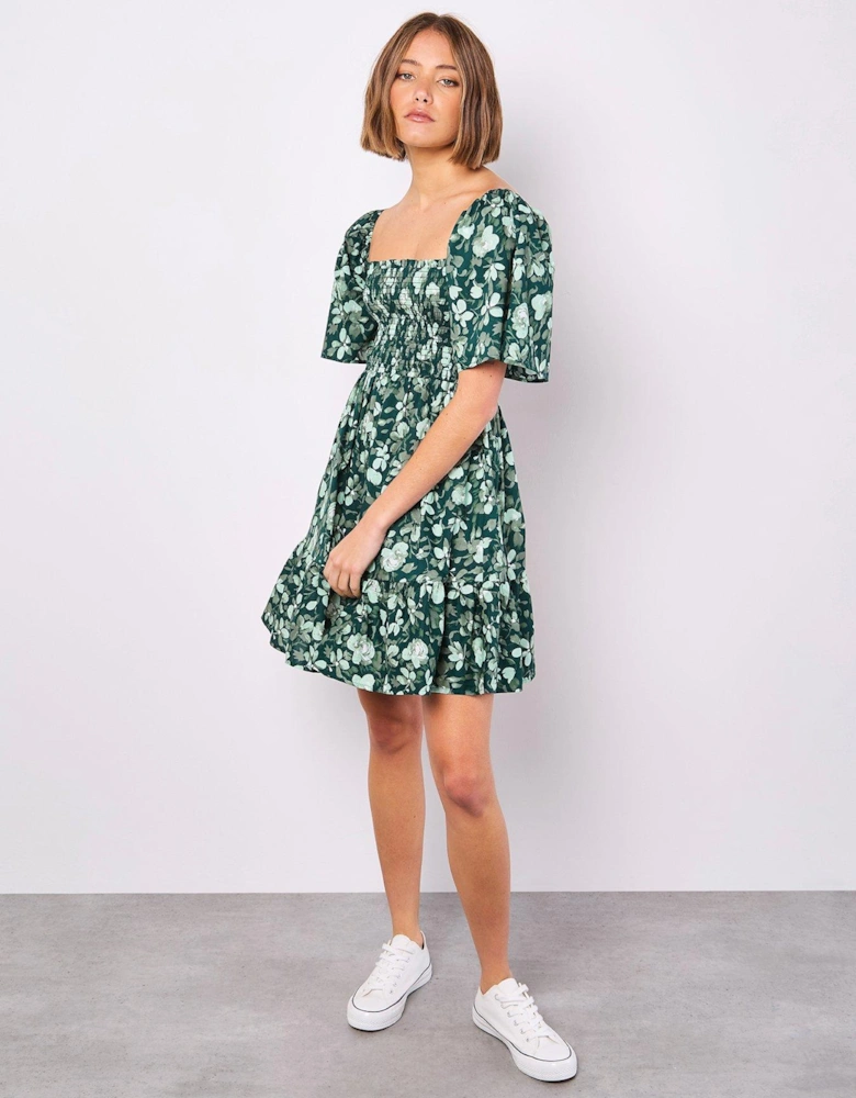 Smocked Floral Cotton Poplin Dress - Green