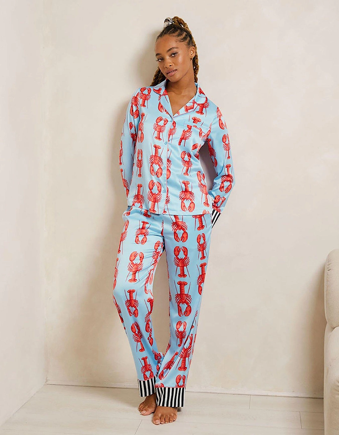 Button Up Long Pyjama Set In Satin Lobster Stripe - Blue, 2 of 1