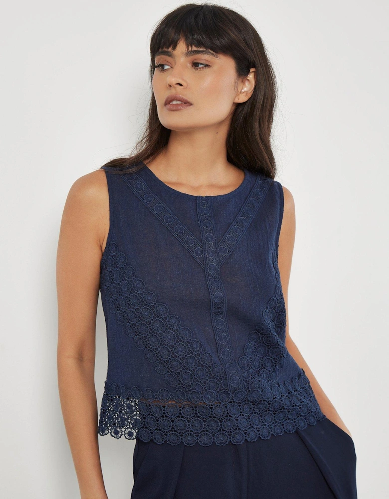 Lace Hem Back Bow Cotton Top - Navy