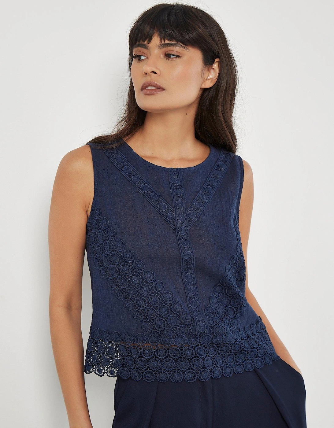 Lace Hem Back Bow Cotton Top - Navy, 2 of 1