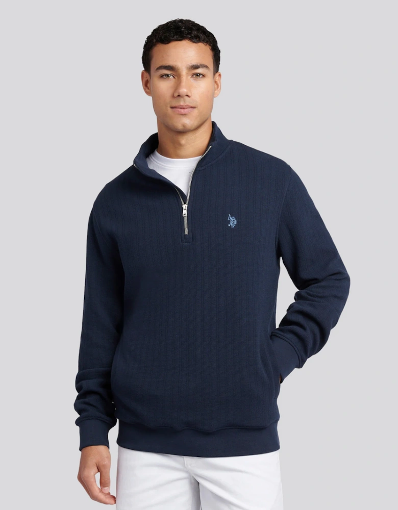 U S Polo Assn Men's Double Horsemen Vertical Texture Sweat Funnel Dark Sapphire Navy/Moonlight Blue DHM